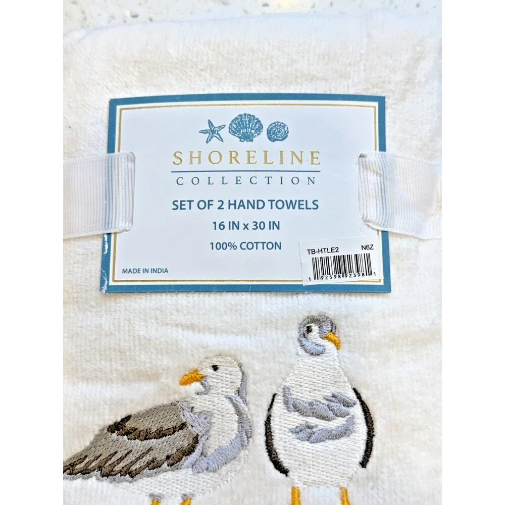 Shoreline Seagulls Beach Vibes Hand Towels Embroidered Bathroom Summer Set of 2